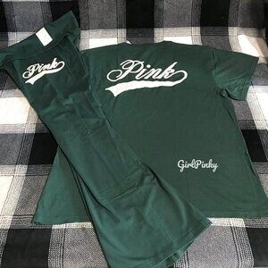 VS PINK DEEP FOREST FLARE LEGGINGS & OVERSIZED TEE W/ EMBROIDERED LOGO